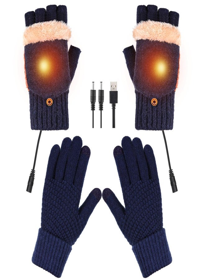 ShinyMatch 2 Pairs Winter Fingerless USB Heated Gloves and Knitted Warmers Gloves Set for Women Men Thermal Hand Warmers(Bluish Green) - Image 1